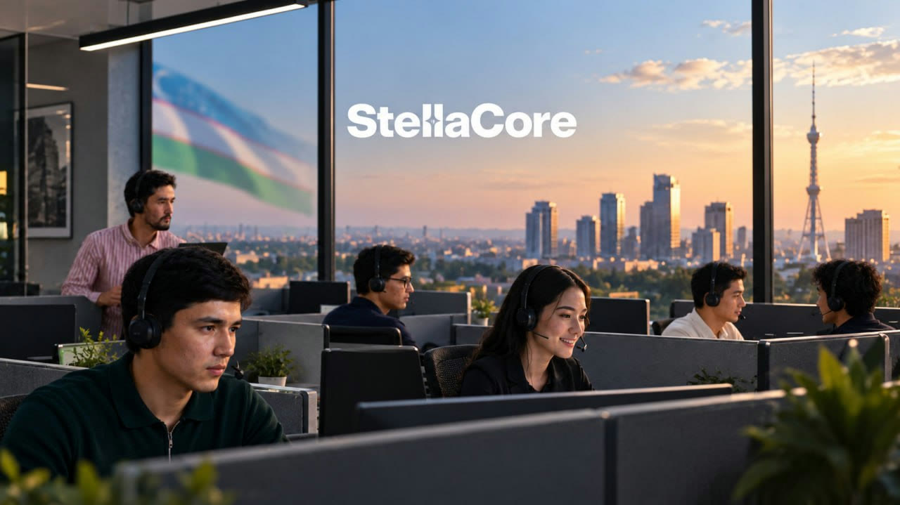 StellaCore agents at work in the Tashkent office, with the city skyline behind them